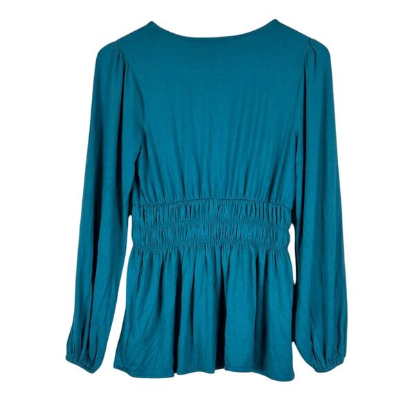 NWT IMAN Peplum Top Womens XS Blue V-Neck Smocked Balloon Sleeve Lightweight - Picture 4 of 6